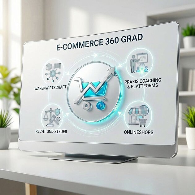 Bildschirm auf dem Schreibtisch der einem Einkaufswagen mit Steigerungspfeil zeigt