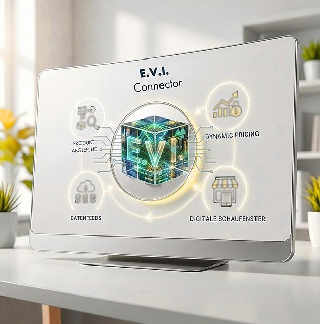 Ein Bildschirm auf dem Schreibtisch zeigt den Würfel des EVI Shopify connector