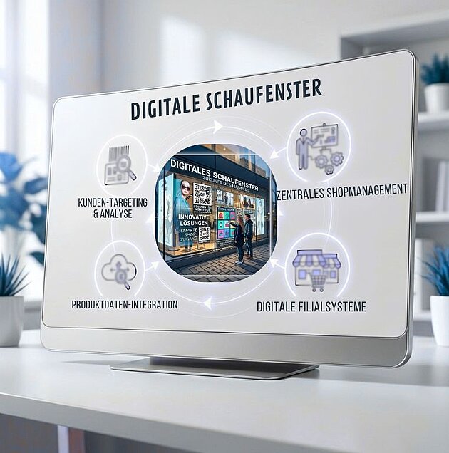Bildschirm auf Schreibtisch-Überschrift digitale Schaufenster. in der Mitte ein Päarchen vor einem solchen Schaufenster