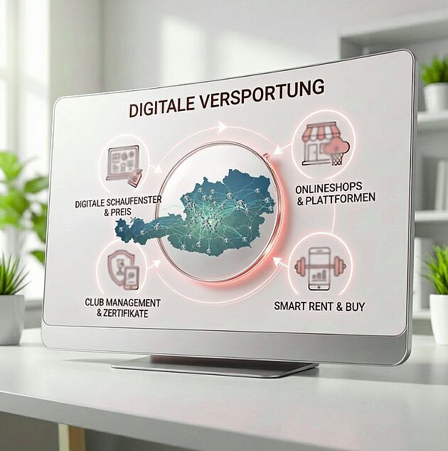 Bildschirm auf Schreibtisch-Überschrift digitale Versportung. in der Mitte ein vernetzte Landkarte Österreichs und Sportgeschäften