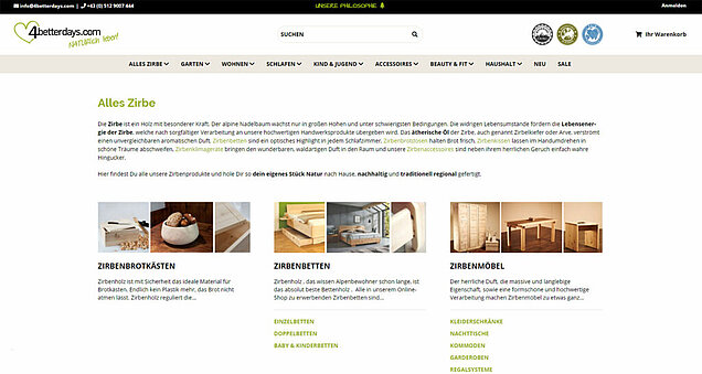 4betterdays kategorienbeispiele für Zirbenprodukte: Brotkästen, Betten, und Möbel